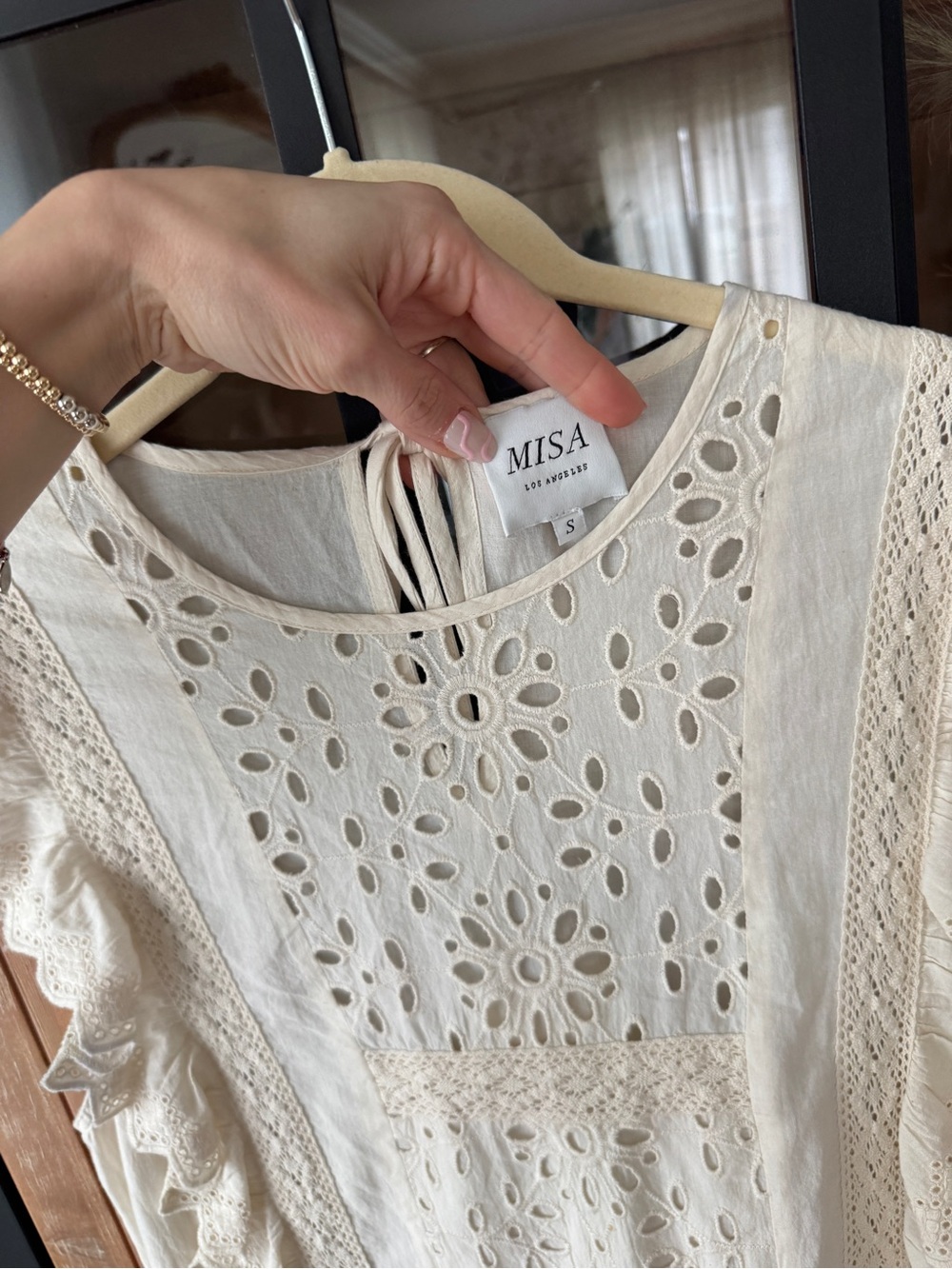 MISA eyelet embroidered mini dress ruffle flutter sleeves cotton marieta - Picture 9 of 10